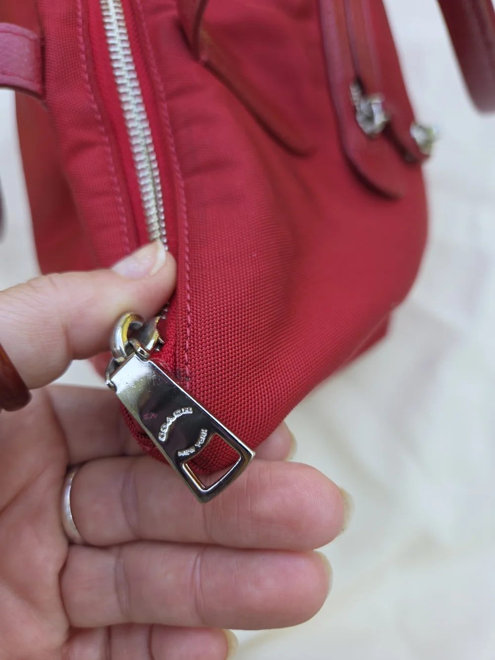 Coach Red Taylor Nylon Zip Tote with Silver Hardware